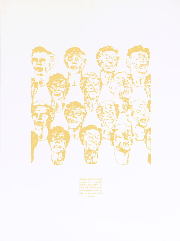 Sarasija Subramanian Four Stages of Athletic Fatigue: Exhaustion, Breathlessness, Heavy Exertion, Last Expenditure - Yellow (Ban the old, dry methods series), 2022 Serigraphy 55.9 x 76.2 cm 22 x 30 in Edition 2 of 8