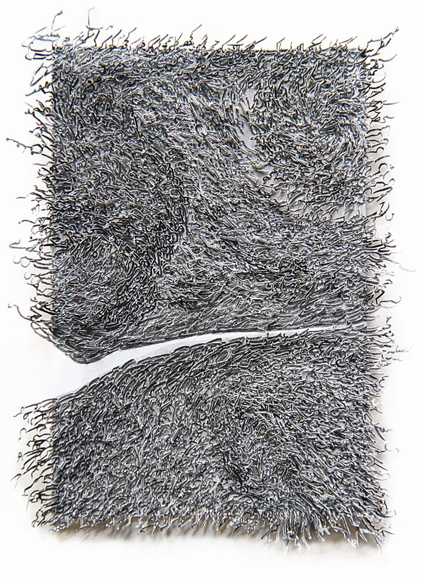 Artwork by Pakistani artist Ghulam Mohammad made up of a collage of Urdu and Persian letters from books that talk about the idea of structures of language