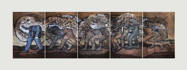 Vikrant Bhise Babasaheb with Labours, 2022 Mix media on raw canvas 182.9 x 609.6 cm 72 x 240 in