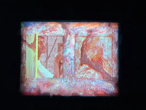 Ranbir Kaleka Windows , 2002 6 minute loop with sound Single-channel projection on wood-board with collage and painting. 67.3 x 92.7 cm 26 1/2 x 36 1/2 in