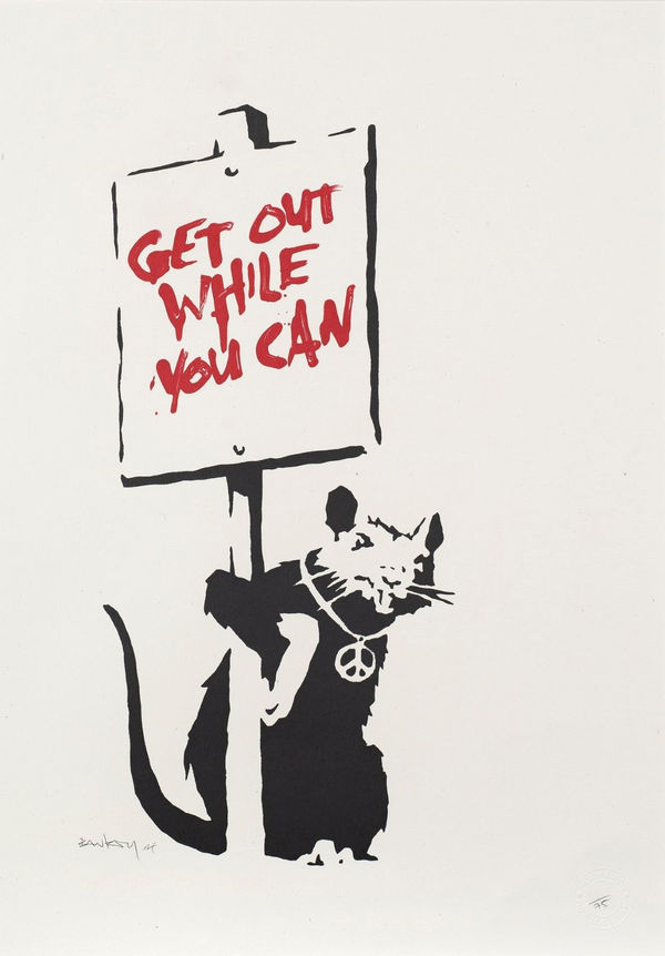 Banksy Get Out While You Can placard rat - signed print