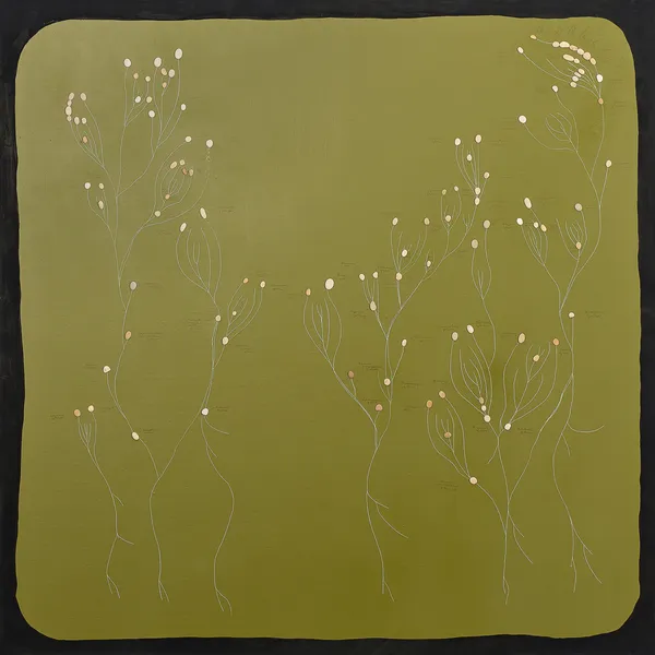 Илья Федотов-Фёдоров Equisetum and moss occupy the minds of people that have learnt the words but don’t know their meaning | Хвощи и плауны захватывают умы людей, которые знают слово, но не знают значения, 2018 Acrylic, tempera, stones on canvas | Холст, акрил, темпера, камни 100 х 100 cm