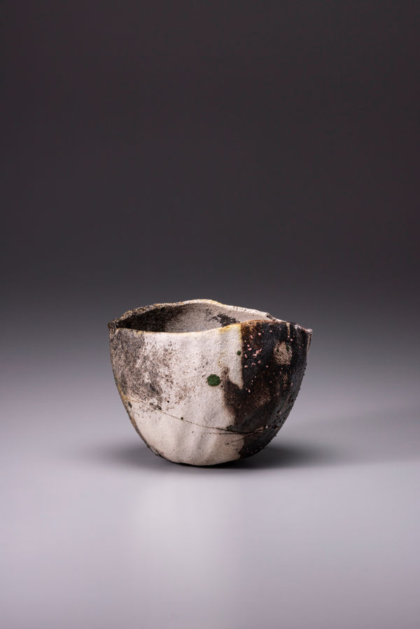 Raku Kichizaemon XV Jikinyu Geki (things that quietly isolate themselves), 2024 Yakinuki-type ‘Rock’ White Raku tea bowl 13.1 x 15.8 x 10.5 cm