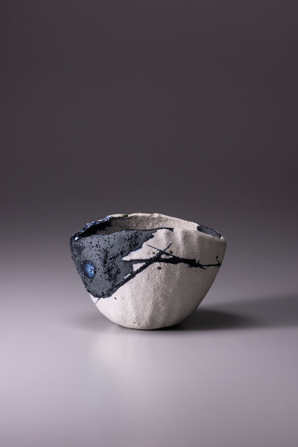 Raku Kichizaemon XV Jikinyu Yū (things that are blue and float in time-space), 2024 Yakinuki-type ‘Rock’ White Raku tea bowl 12 x 16 x 9.7 cm