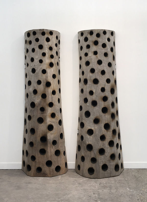David Nash Two Holed Wall Cedars , 2019 Cedar, part charred i) 225 x 81 x 40 ii) 225 x 81 x 37 cm