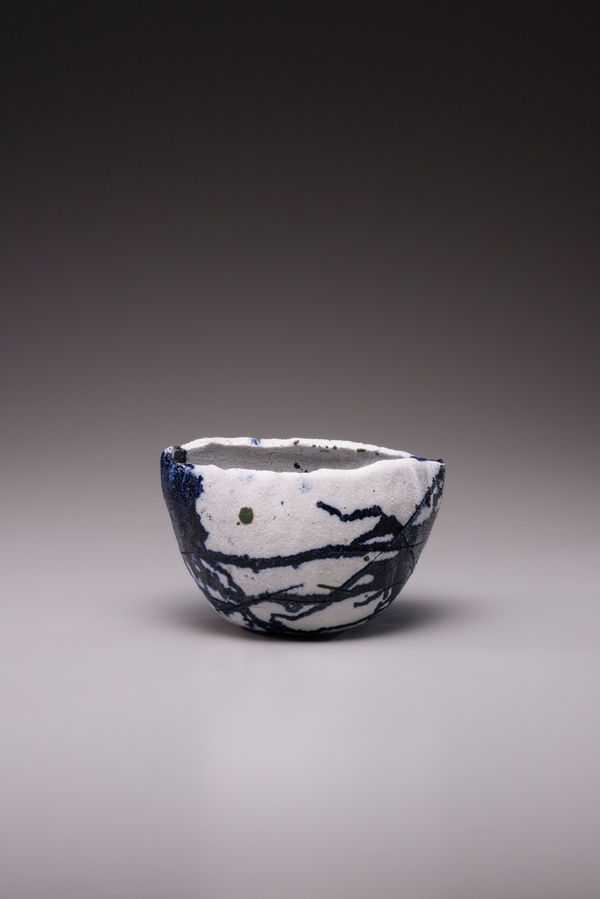 Raku Kichizaemon XV Jikinyu Ken (things that well up float with purity), 2023 Yakinuki-type ‘Rock’ White Raku tea bowl 10.9 x 15.7 x 10.5 cm