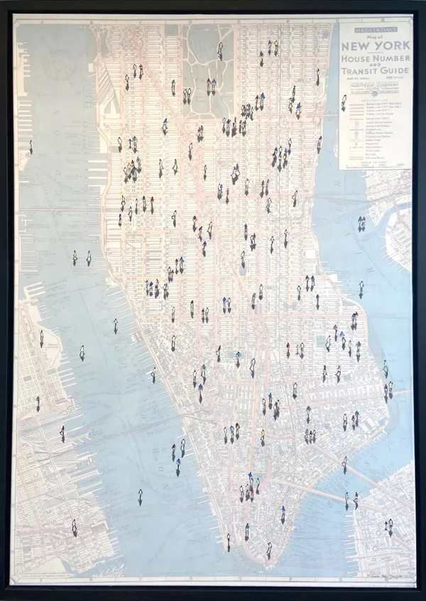 Eline de Jonge, Shadows on Vintage NY street map, 2025
