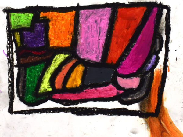 A color ful array of shapes in green, yellow, pink, and red with a black border and orange streak tailing out