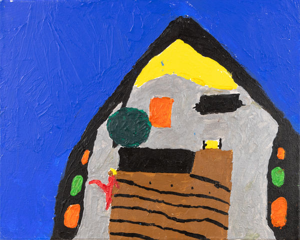 A birds-eye view of the prow of a boat. Blue water is seen around the shape of the boat, where a figure in red seems to be leaning.