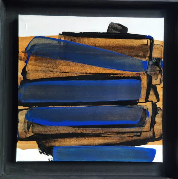 aptere XII abstract painting of Frédéric Halbreich blue white and brown calligraphic contemporary painting oil painting lacquer on wood at Art Yi gallery in Brussels