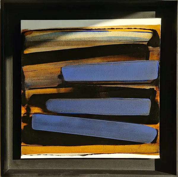 Aptere IX, abstract schilderij van Frédéric Halbreich, blauw, wit en bruin, kalligrafisch, hedendaags schilderij, olieverf op hout, lak op hout, in de Art Yi galerie in Brussel.