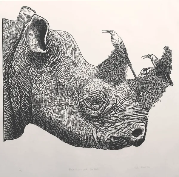 John Moore, Black Rhino and Sun Birds, 2024