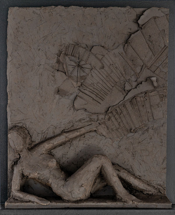 Sculptor Emilio DiIorio's series of 9 Greek Muses in black clay. Ceramic figurative relief is 2nd of 9.