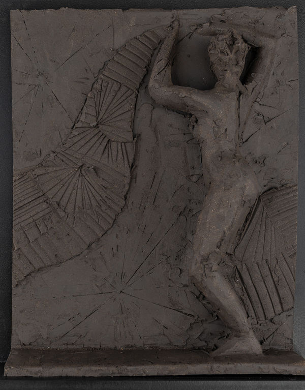 Sculptor Emilio DiIorio's series of 9 Greek Muses in black clay. Ceramic figurative relief is 8th of 9.