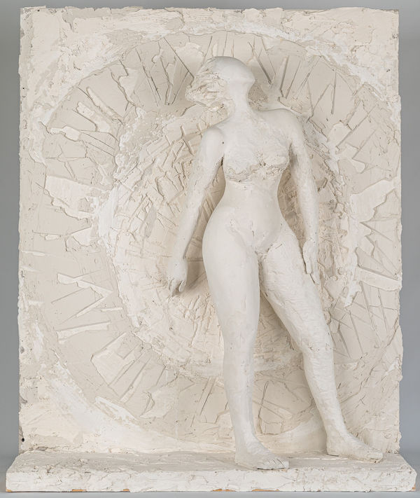 Female figurative relief in plaster by contemporary artist Emilio DiIorio. Relief is No. 4 in artist's Greek Muses series.