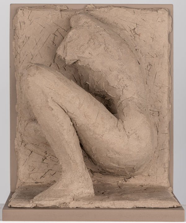 Figurative ceramic relief by artist Emilio DiIorio in Women of Troy series in gray clay.