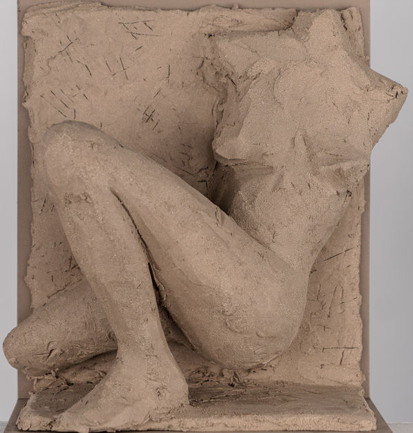 Figurative ceramic relief by artist Emilio DiIorio in Women of Troy series in gray clay.