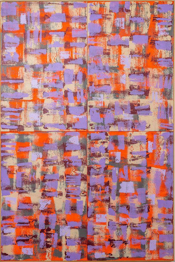 Abstract painting in shades of purple and orange.