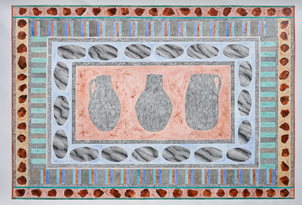 Daniah Alsaleh Three jugs, 2024 Acrylic, crushed stone (of carnelian, lapiz lasuli, turquize) ,Transfer On French Universal 3 Coats Primed Medium Polyester Canvas 107 x 182 cm