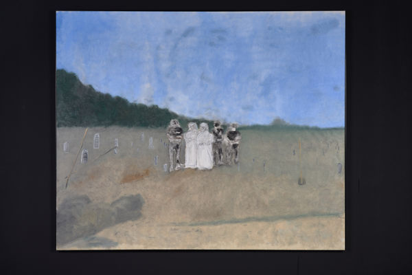 Rami Farook Praying For The Dead, 2022/2024 Oil & charcoal on canvas in silver aluminum frame 191 x 158 x 5 cm