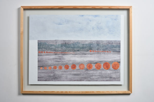 Daniah Alsaleh Untitled, 2024 Watercolor, carnelian crushed stone, transfer on 600 g watercolour paper Unframed: 56 x 76 cm Framed: 72 x 91 x 2.5 cm