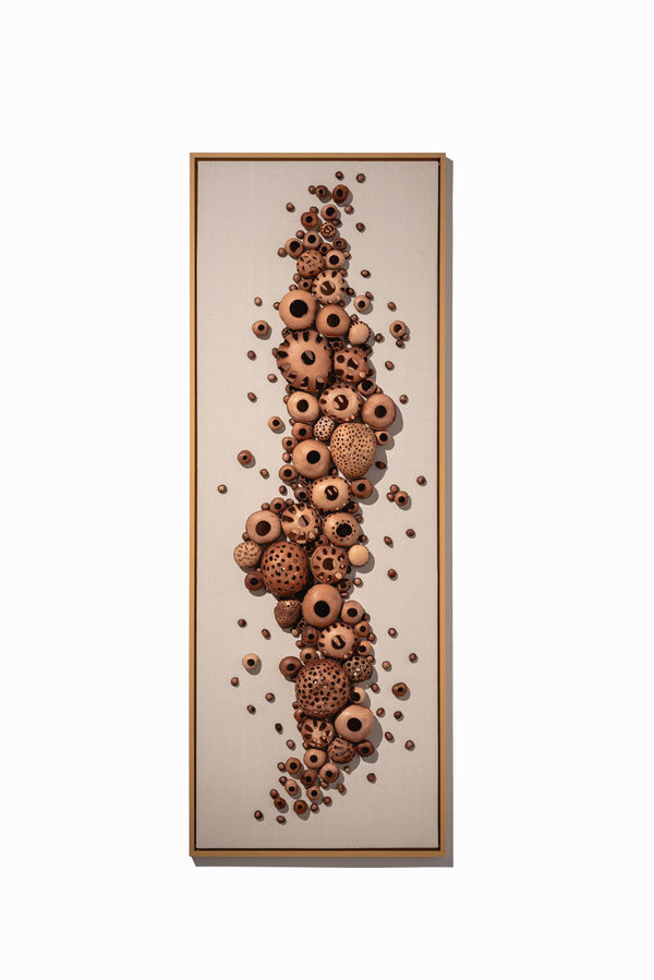 Zahrah Alghamdi Mycelium Running II, 2025 leather on canvas 205 x 74.5 cm