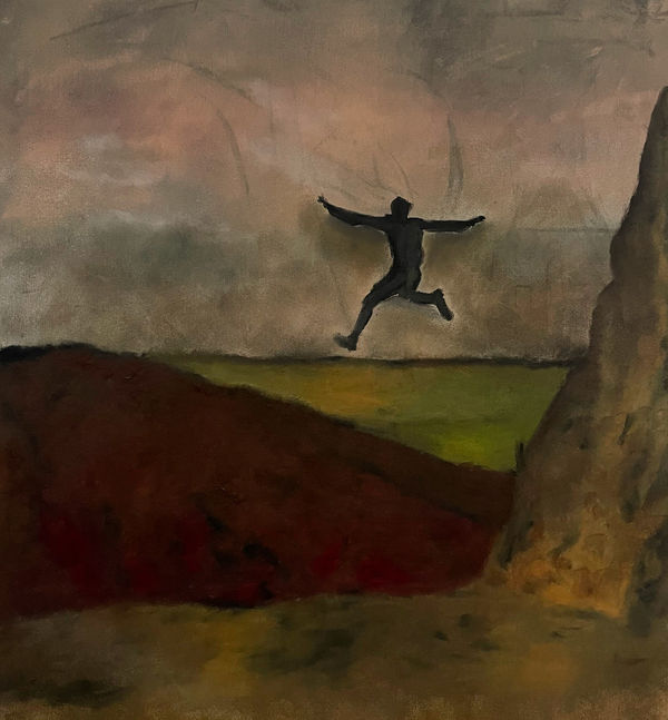 Rami Farook Running Hysterically, from a Drought, Towards a Burning Field , 2024 Charcoal, spray paint, oil on canvas 50 x 40 cm