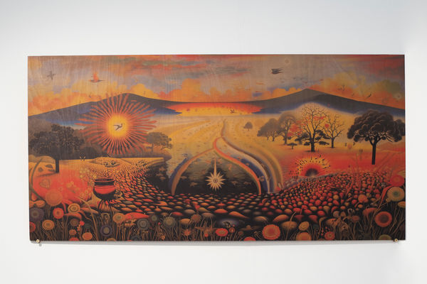 Basmah Felemban Voyage 04, 2025 Ai generated image, print transfer on plywood 69.5 x 136.0 cm