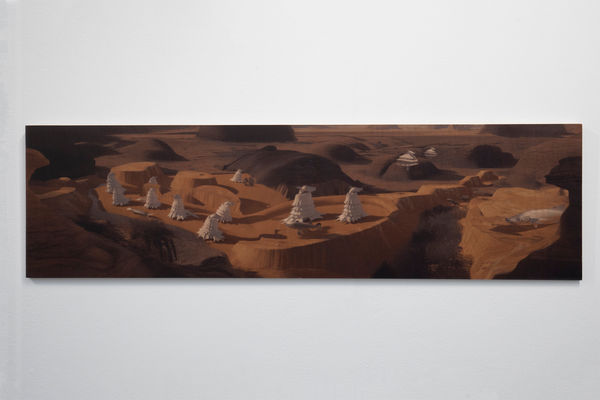 Basmah Felemban Voyage 06, 2025 Ai generated image, print transfer on plywood 39.0 x 137.00cm
