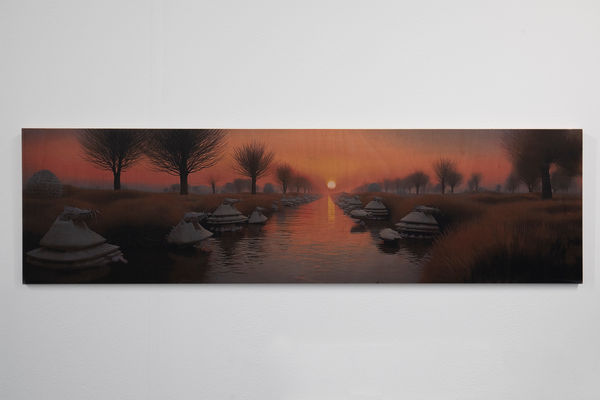 Basmah Felemban Voyage 05, 2025 Ai generated image, print transfer on plywood 39.0 x 137.0 cm