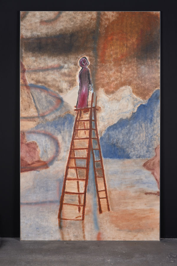 Rami Farook A Boy Standing On Top Of A High Unstable Ladder In A Small Lake, The Landscape Is Clear, He’s Closing His Eyes, There’s A Fire In The Distance, We Think There’s Light, But It’s Actually Dark, He’s Alone But Not Lonely, Thinking About Jumping, Feels Prote, 2024