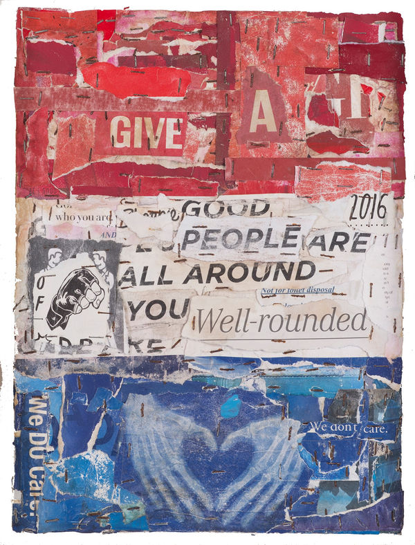 William Greiner I Really Don't Care, Do You?, 2018 Paper Collage, Staples and Paint on Wood 16 x 12 in 40.6 x 30.5 cm