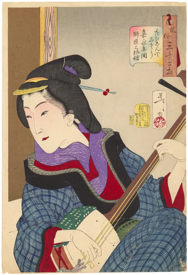 Tsukioka Yoshitoshi (1839-1892), 'Enjoying: Habits of a teacher of the Kaei era', from the series ‘Thirty-two Aspects of Customs and Manners’ (Fuzoku sanjuni so), 1888