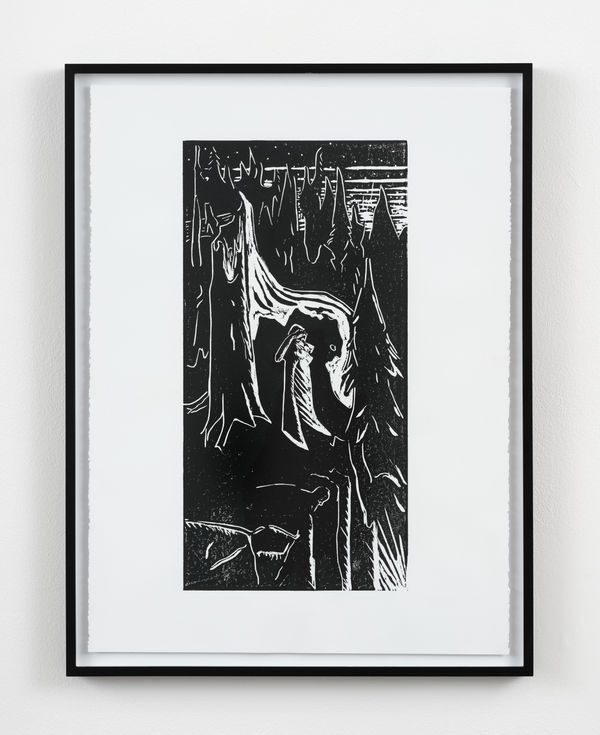 Jordan Rountree A Figure Looks Over The Edge, 2025 Woodcut on paper