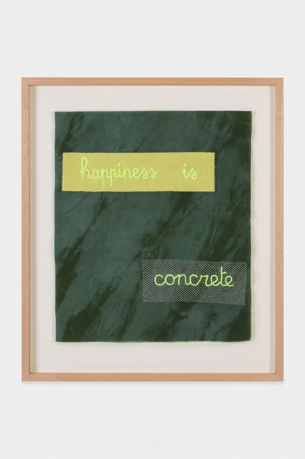 Iliodora Margellos Securities (Happiness Is Concrete), 2022 Handmade embroidery on tulle, felt, birdcage veil net & tie-dyed canvas, cotton fabric, yarn