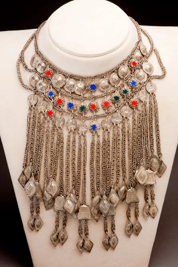 Tribal type silver necklace composed of enamelled red, green and blue components