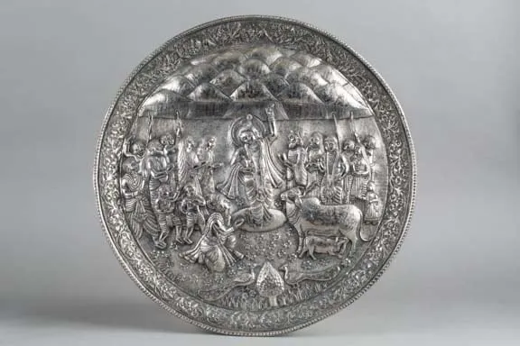 Silver circular tray with figural scene