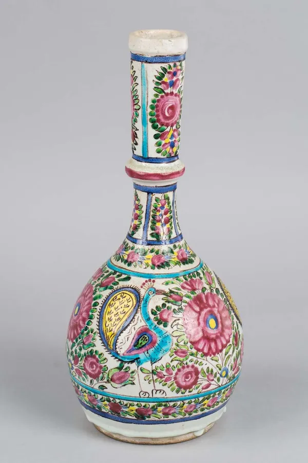 Qatar period glazed vase with peacocks among flora
