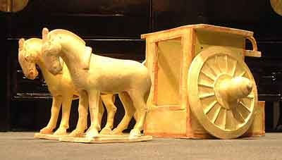Set of Two Glazed Pottery Horses and a Carriage