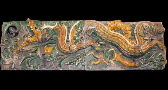 Pair of Ming Glazed Terracotta Temple Wall Tiles Depicting a Dragon