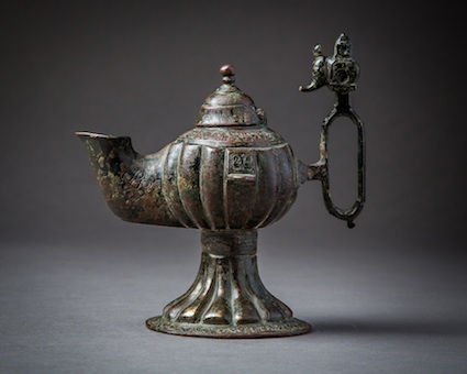 Bronze Oil Lamp with Silver Inlay