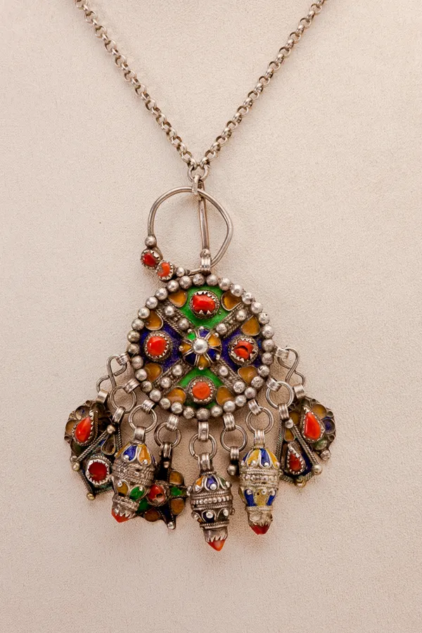 Silver multicoloured cloisonné pendant on short chain