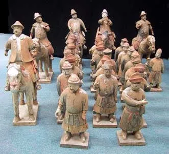 Ming Painted Terracotta Processional Set Consisting of Twenty-One Figures and Five Horses