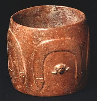 Colima Cylindrical Vessel with Stylized Snakes and Skull Motifs