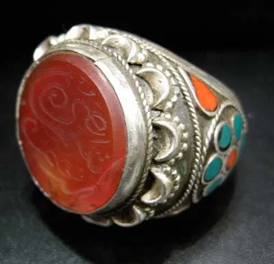 Inscribed Carnelian Seal Set in Silver Ring