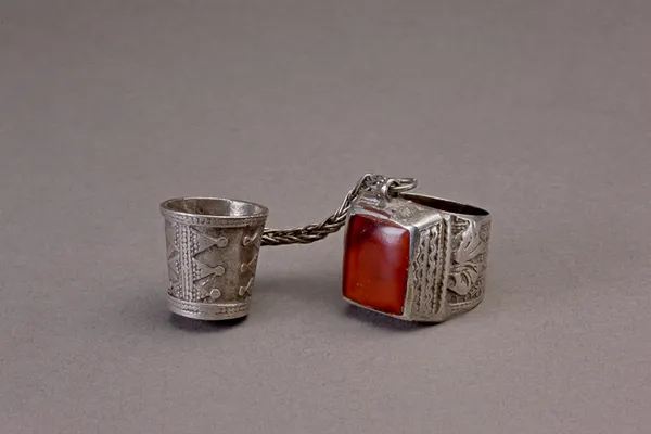 Turkoman silver thimble ring with square carnelian stone
