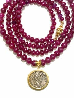 Silver Denarius Of Roman Emperor Antonius Pius Set In A Necklace With Ruby Beads & A 14 Karat Clasp