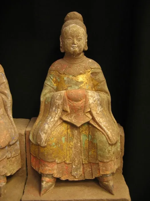Set of 3 Ming Dynasty Painted and Gilded Sandstone Seated Female Figures