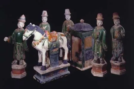 Set of Five Ming Glazed Terracotta Attendants, a Horse, and a Palanquin