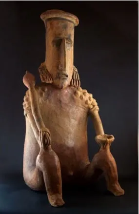 San Juanito Style Jalisco Sculpture of a Seated Man Holding a Scepter and an Offering Bowl